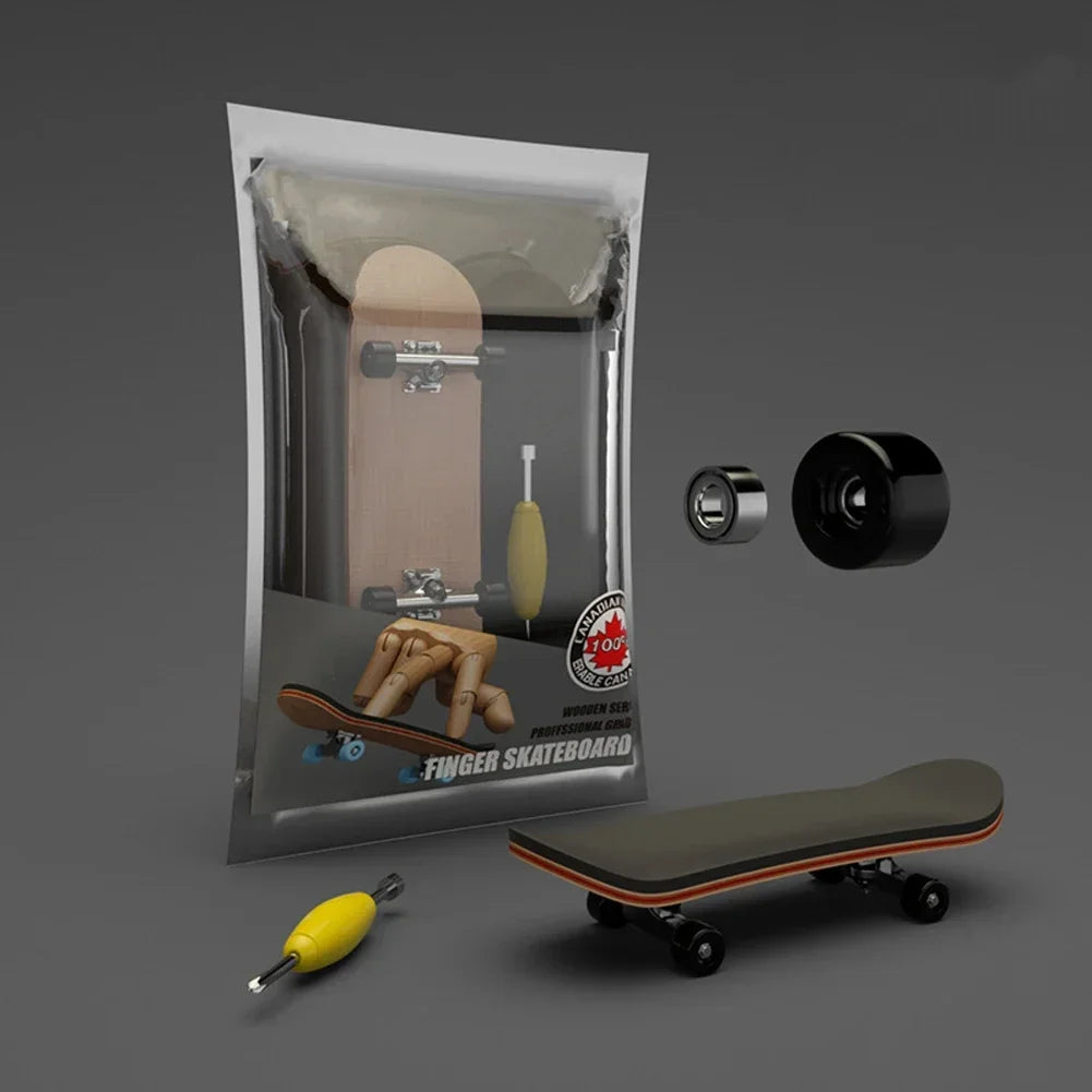 A package containing a wooden finger skateboard, a deck, and wheels.