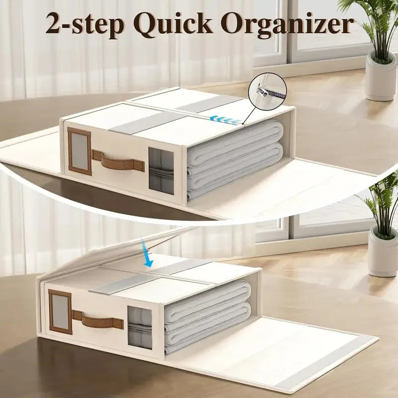 A 2-step quick organizer for bedding, showing a white storage box with a clear window and folded towels.