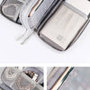 A gray waterproof nylon cable organizer travel case open to show a mesh pocket and internal compartments.