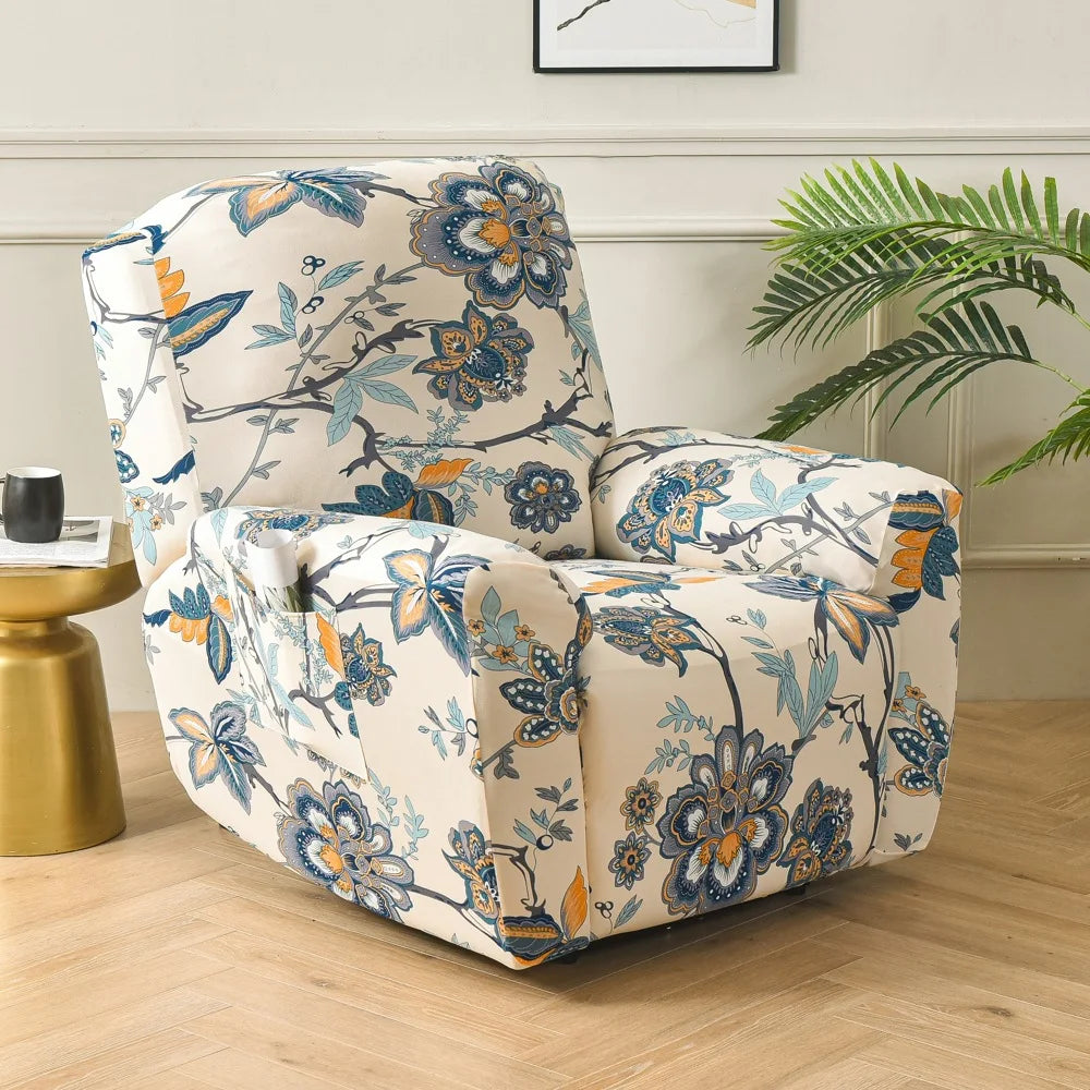 Printed Recliner Cover with Side Pocket — 4-Piece Set
