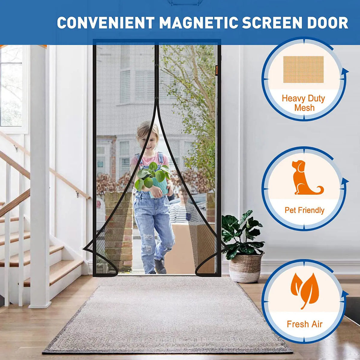 A magnetic screen door curtain is shown installed on a glass door, highlighting its heavy duty mesh, pet friendly features, a
