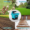 A blue cordless handheld spreader tool is shown next to various agricultural and gardening scenes.