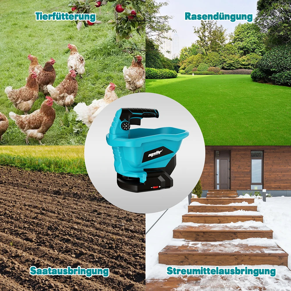 A blue cordless handheld spreader tool is shown next to various agricultural and gardening scenes.