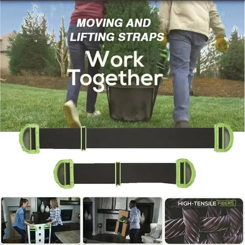 Heavy-duty furniture moving straps with comfort grip handles shown in various configurations.