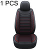 A black car seat cover featuring red stitching and a quilted pattern, shown as a single piece.