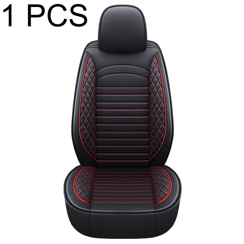A black car seat cover featuring red stitching and a quilted pattern, shown as a single piece.