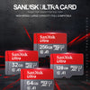 Various SanDisk Ultra microSD cards of different capacities, including 32GB, 64GB, and 128GB, displayed against a dark backgr