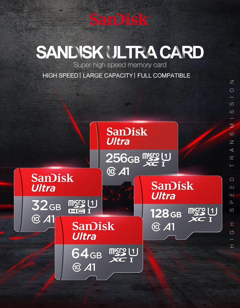 Various SanDisk Ultra microSD cards of different capacities, including 32GB, 64GB, and 128GB, displayed against a dark backgr