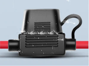 Black LED strobe light wiring harness kit with a switch, showing water droplets on the surface.