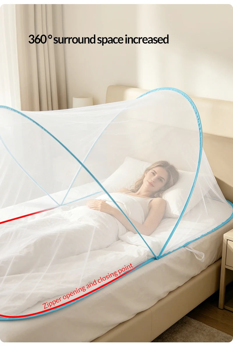 A white mosquito net with a blue trim is shown covering a bed, demonstrating increased surround space.