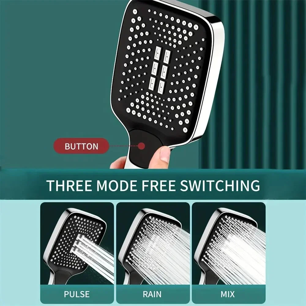 A black and silver handheld shower head with a button, showing three modes: Pulse, Rain, and Mix.