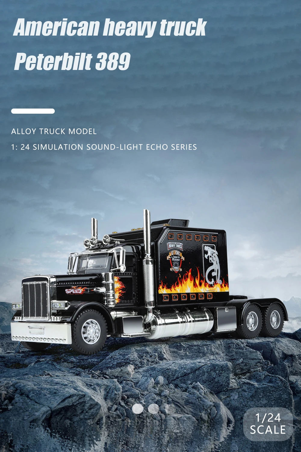 A detailed 1:24 scale diecast model of an American heavy truck Peterbilt 389 alloy truck with chrome accents.