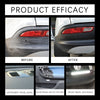 Before and after images showing the effect of a plastic restorer spray on car components like taillights, instrument panels, 