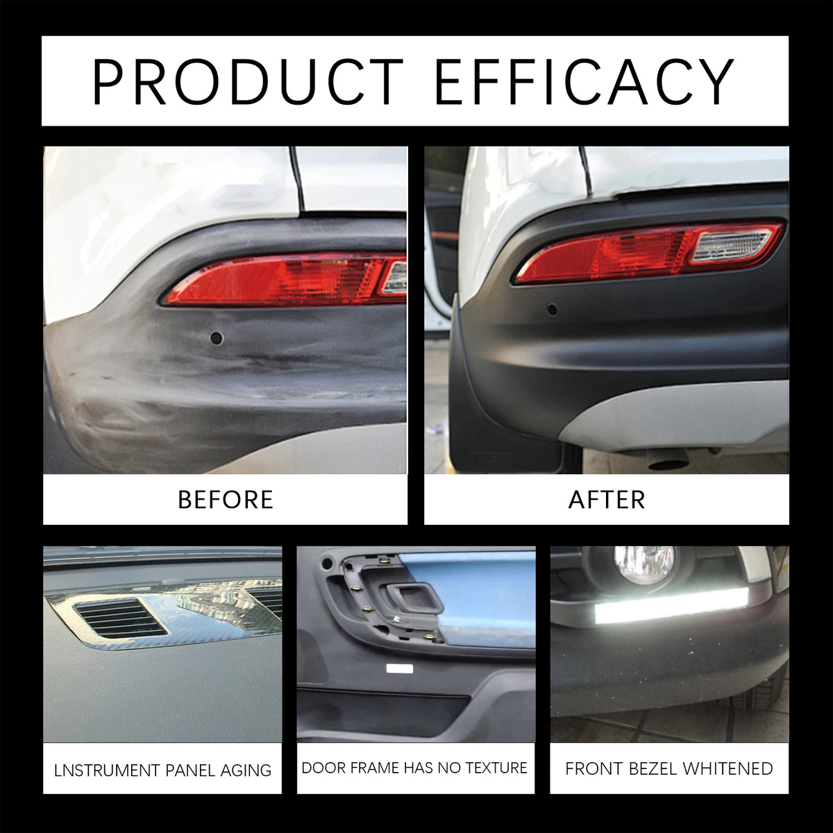 Before and after images showing the effect of a plastic restorer spray on car components like taillights, instrument panels, 