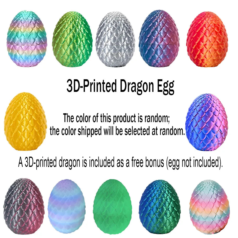 A collection of 3D-printed dragon eggs in various iridescent colors and finishes.