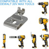 A silver belt clip hook bit holder for Dewalt 20V max tools, shown alongside various drill bits and accessories.