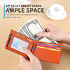A hand opens an orange slim leather bifold wallet showing cash and cards.