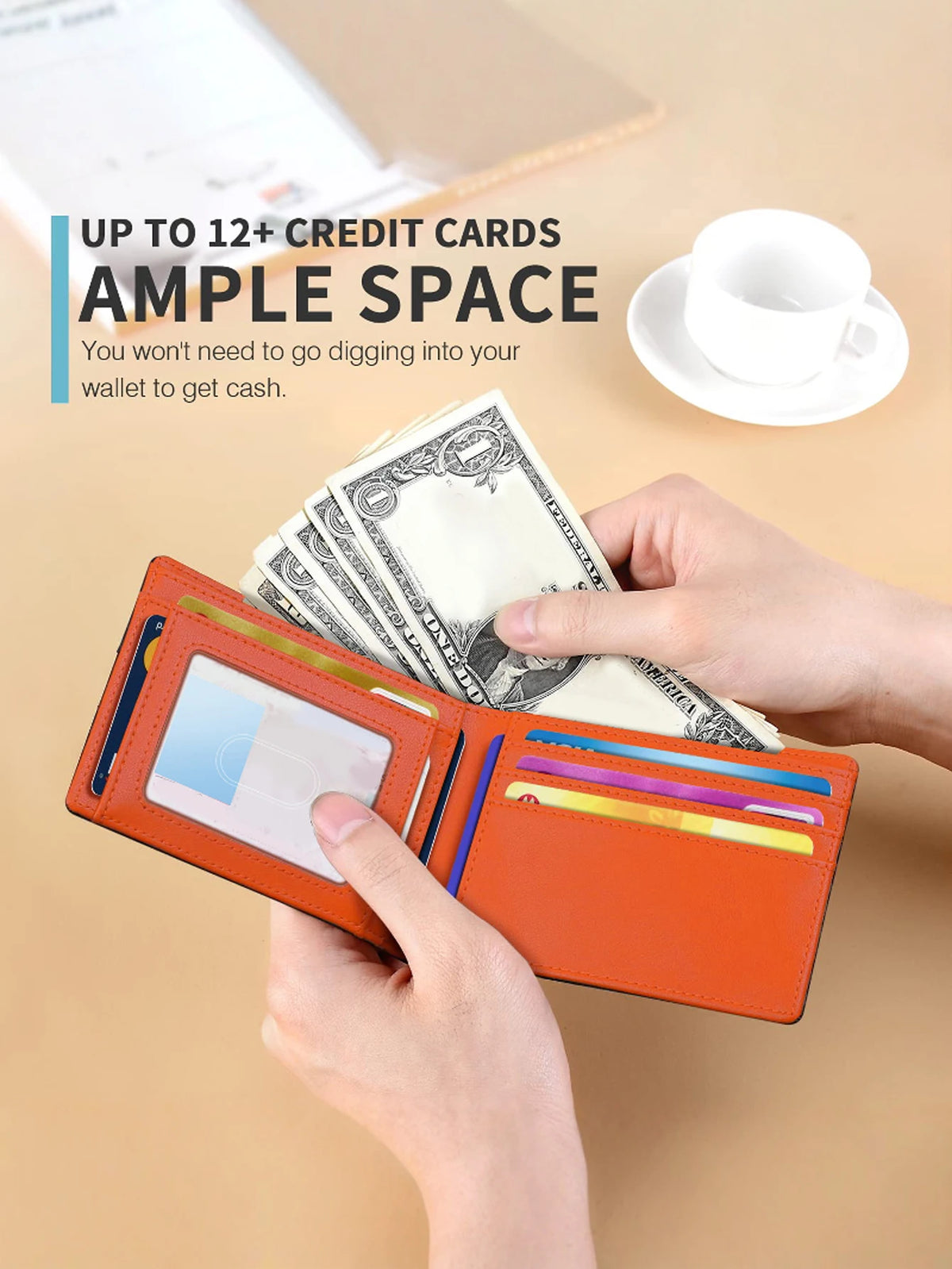 A hand opens an orange slim leather bifold wallet showing cash and cards.