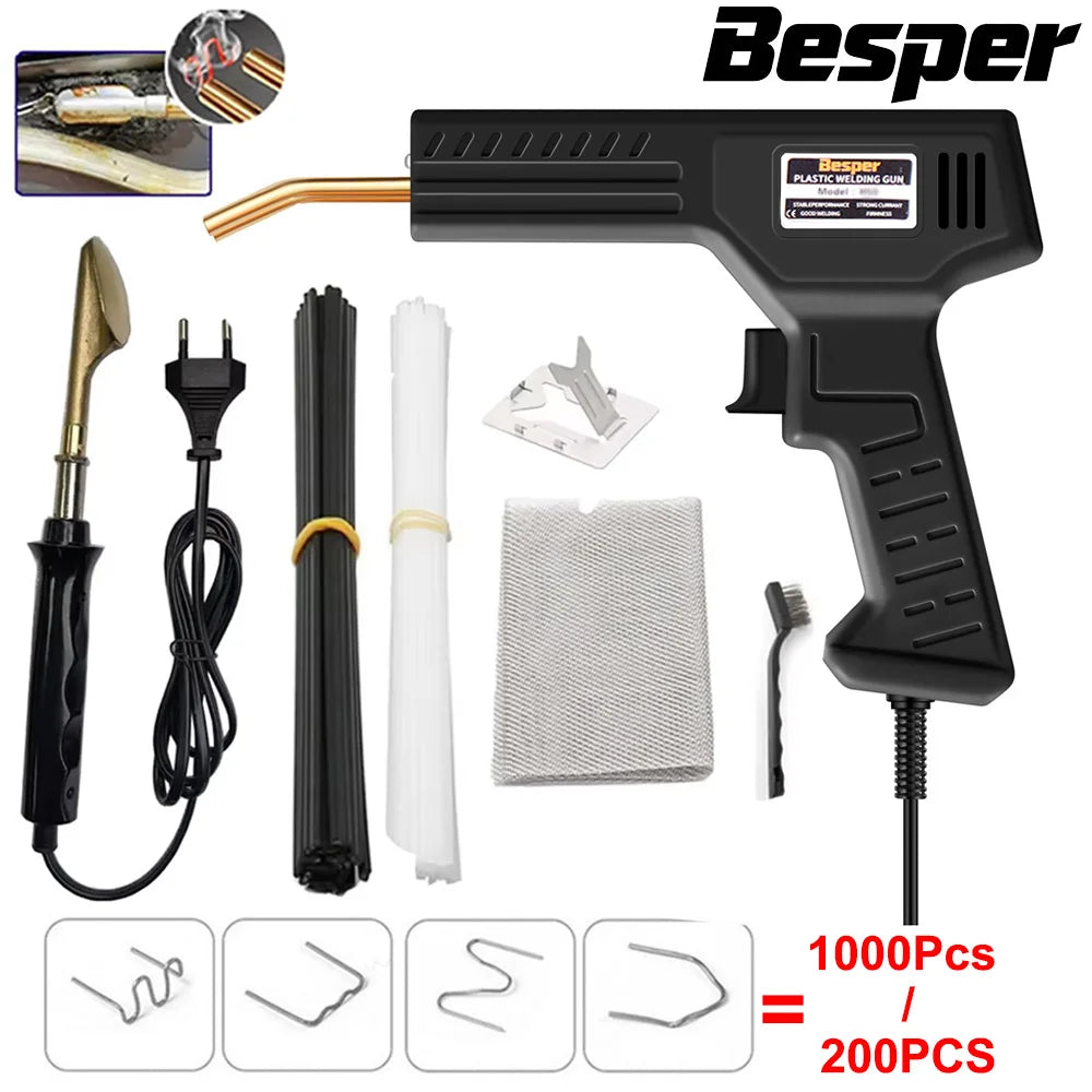 A Besper 50W 2-in-1 plastic repair welder with a hot stapler kit and various tools.