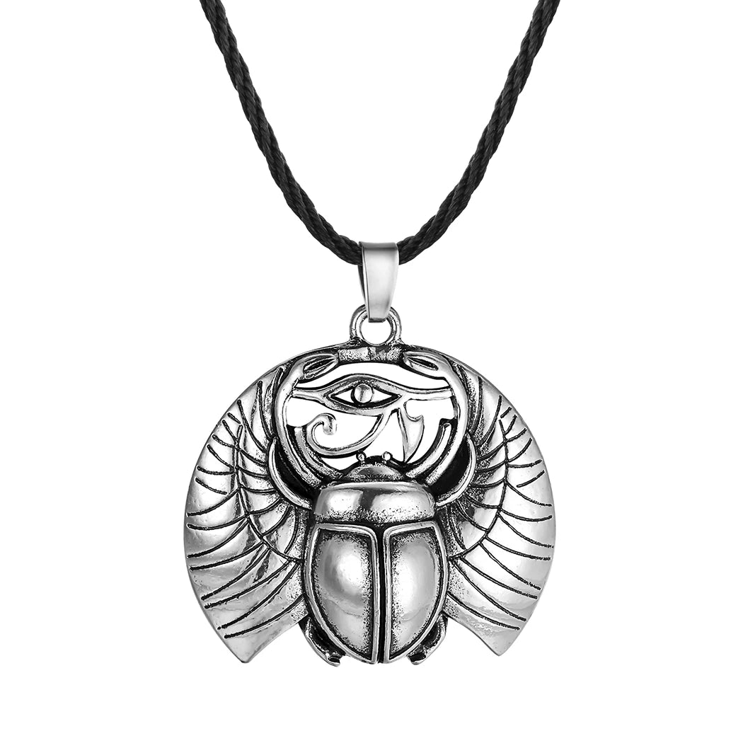 Silver ancient Egyptian scarab pendant necklace with detailed engraving