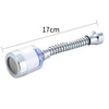 A silver faucet filter cartridge with a threaded end and a mesh filter tip, shown next to a measurement line.