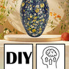 A blue and yellow patterned glass bottle vase is displayed on a white surface, with icons indicating creative DIY, improved t