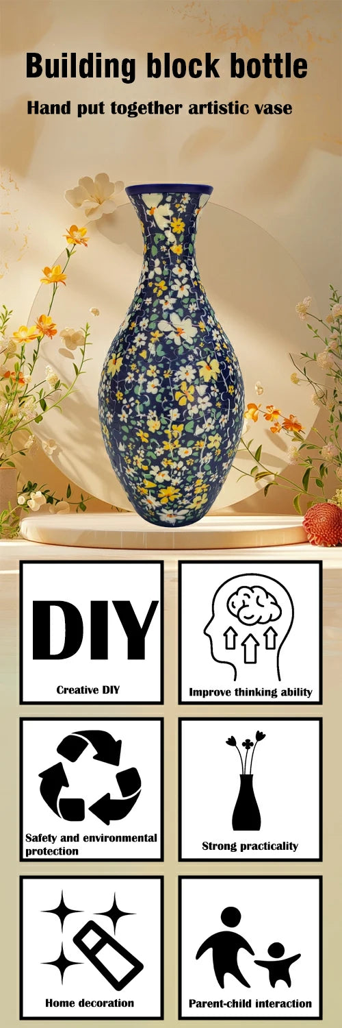A blue and yellow patterned glass bottle vase is displayed on a white surface, with icons indicating creative DIY, improved t