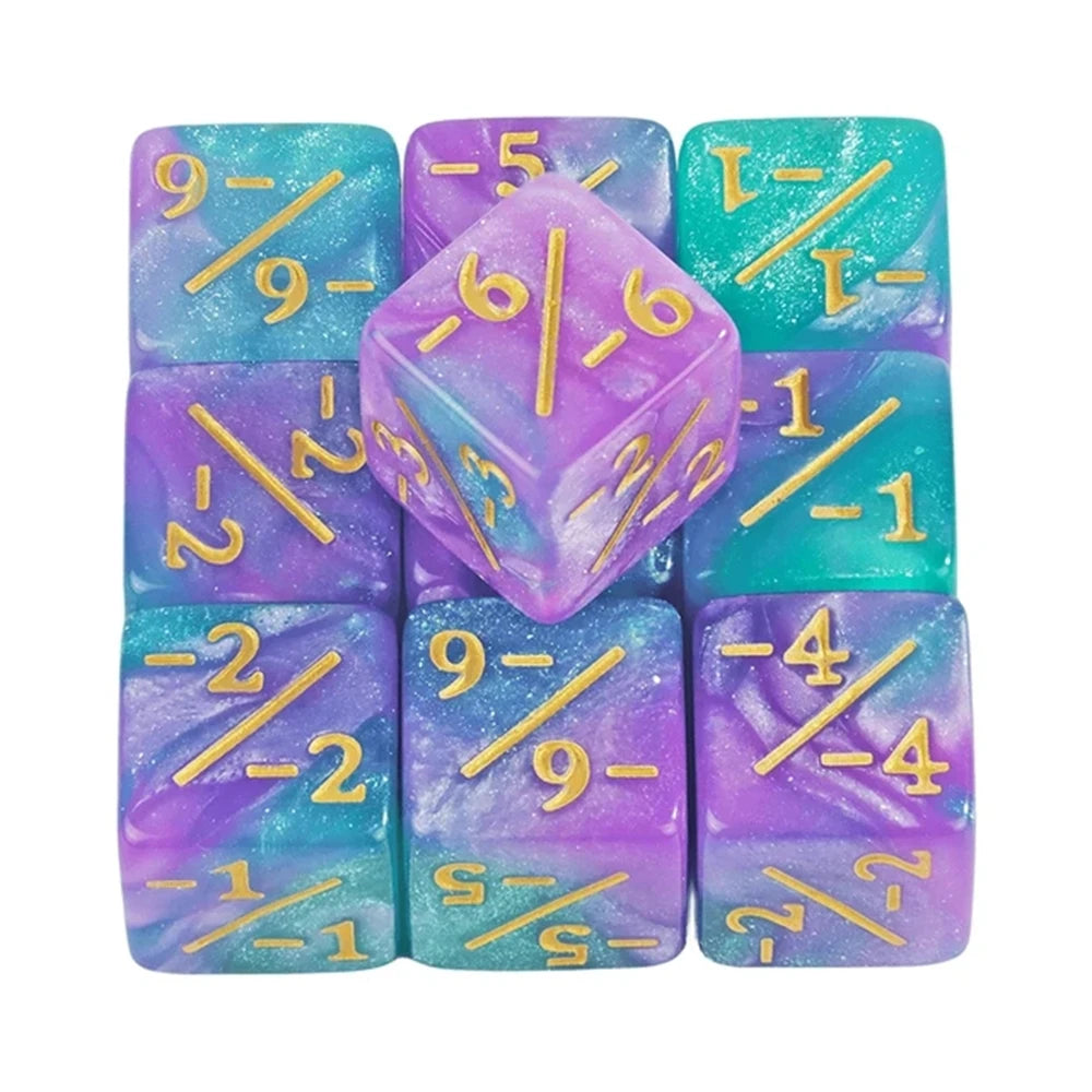 A set of colorful acrylic D6 counter dice showing various numbers and fractions.