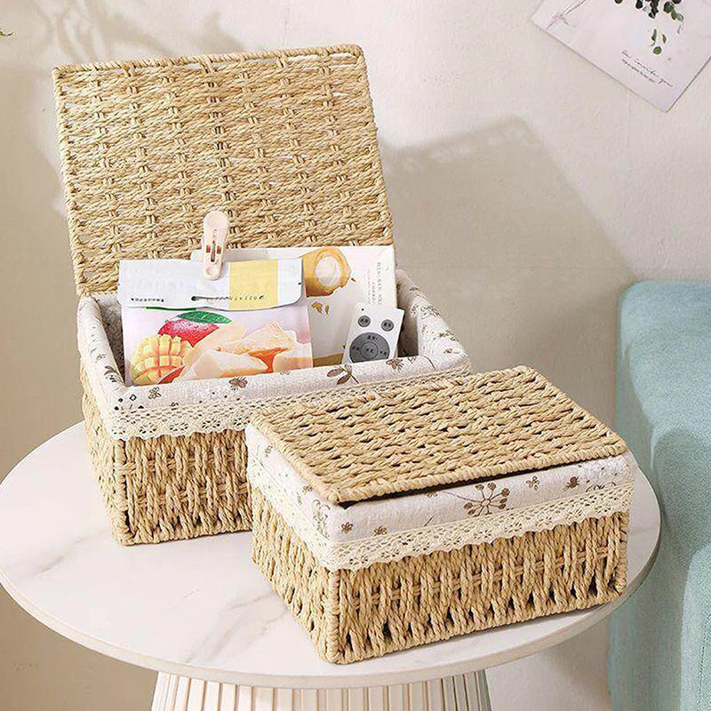 A handwoven rattan storage basket holding various snacks and toys on a white marble surface.
