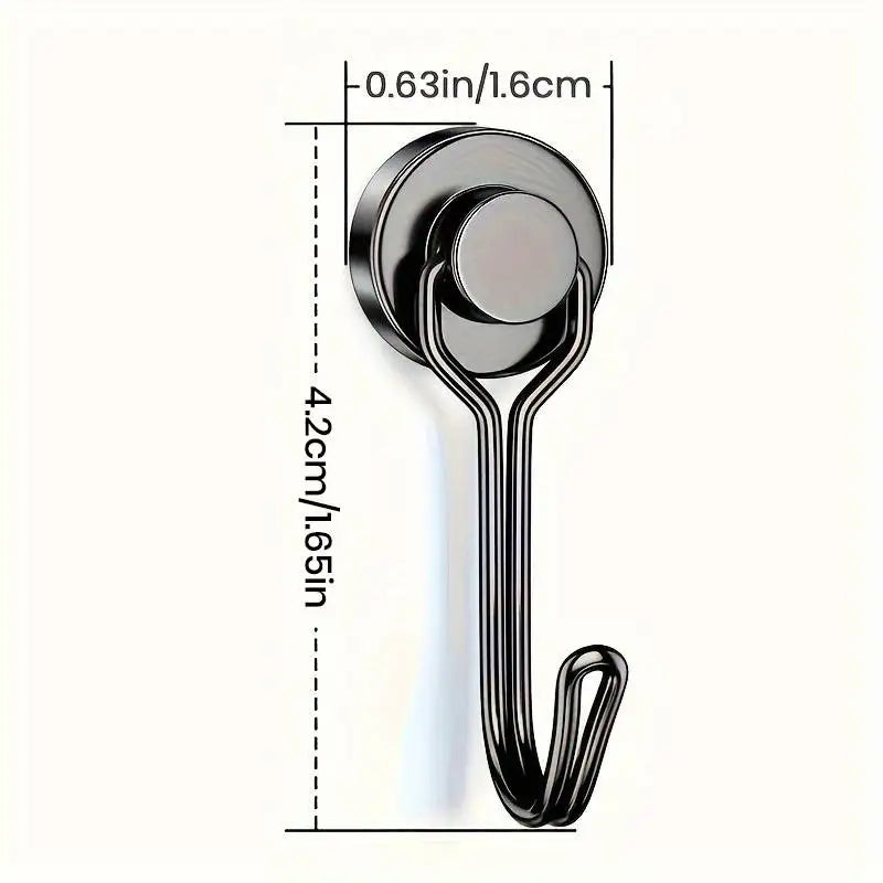 A close-up view of a heavy duty magnetic hook with a round head and a curved metal loop.