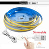 A blue touch dimmer LED strip light is shown with a yellow cable and a USB connector, demonstrating dimmable control.