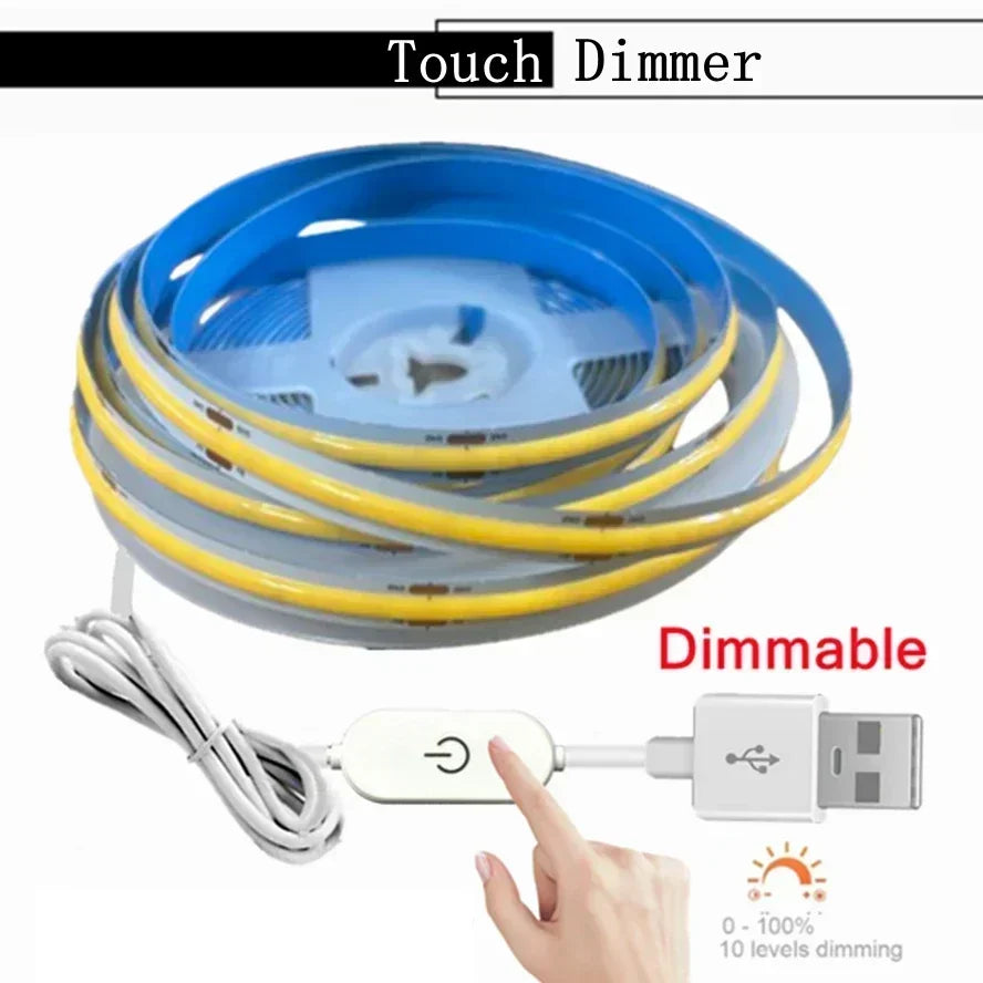 A blue touch dimmer LED strip light is shown with a yellow cable and a USB connector, demonstrating dimmable control.