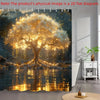 A 2D flat diagram of a large, glowing tree with golden leaves and roots reflected in water.