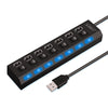 A black USB 2.0 multi-port hub with multiple ports and blue LED indicators, connected by a cable.