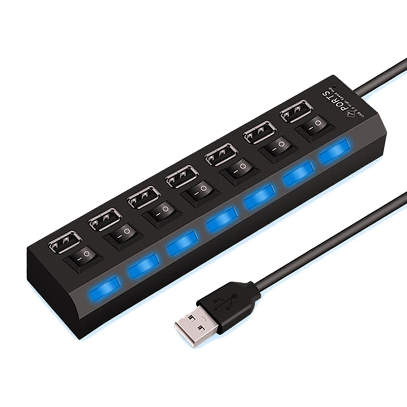 A black USB 2.0 multi-port hub with multiple ports and blue LED indicators, connected by a cable.