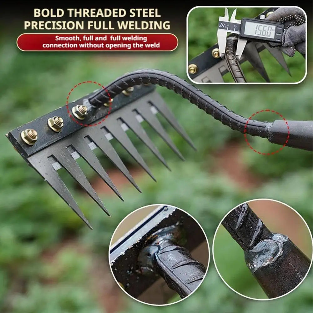 A close-up of a bold threaded steel precision full welding rake with prongs and an ergonomic handle.