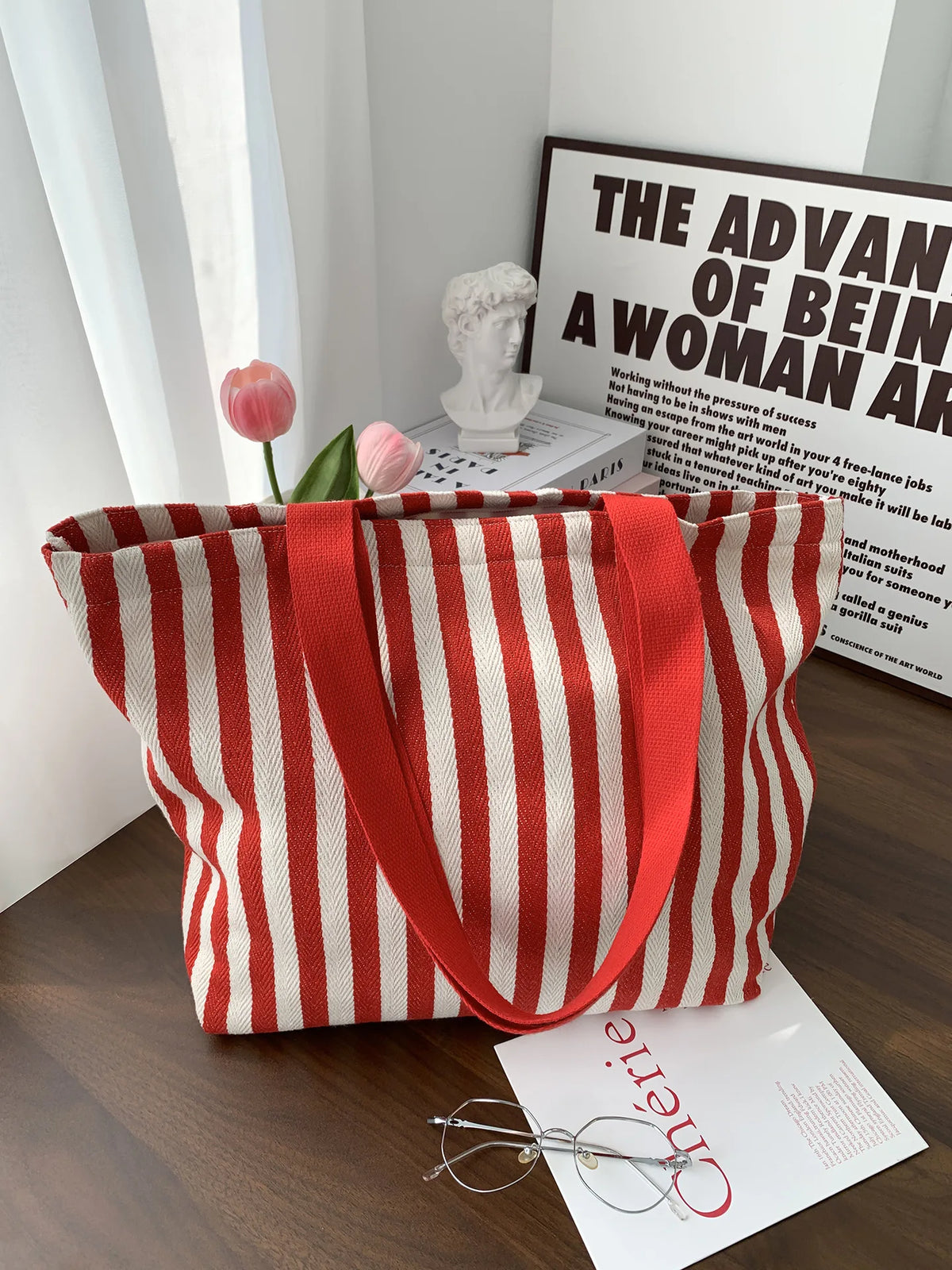 Striped Canvas Shoulder Tote Bag