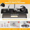 A kitchen sink splash guard is shown with measurements and instructions for fitting a faucet.