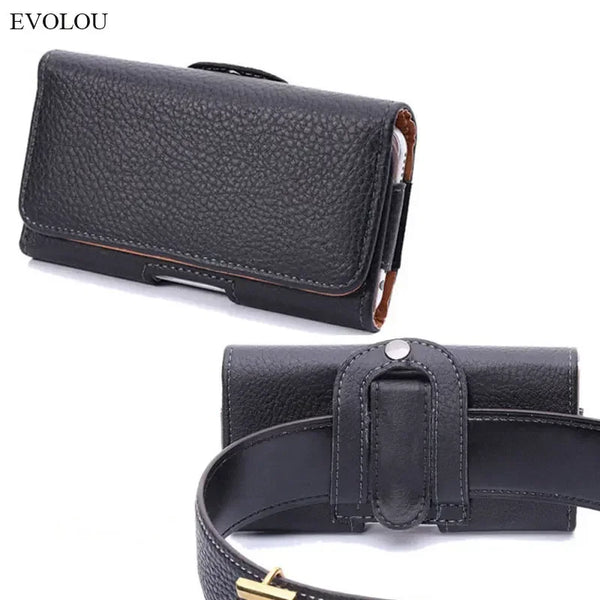 Black leather belt clip phone case with a matching holster and strap