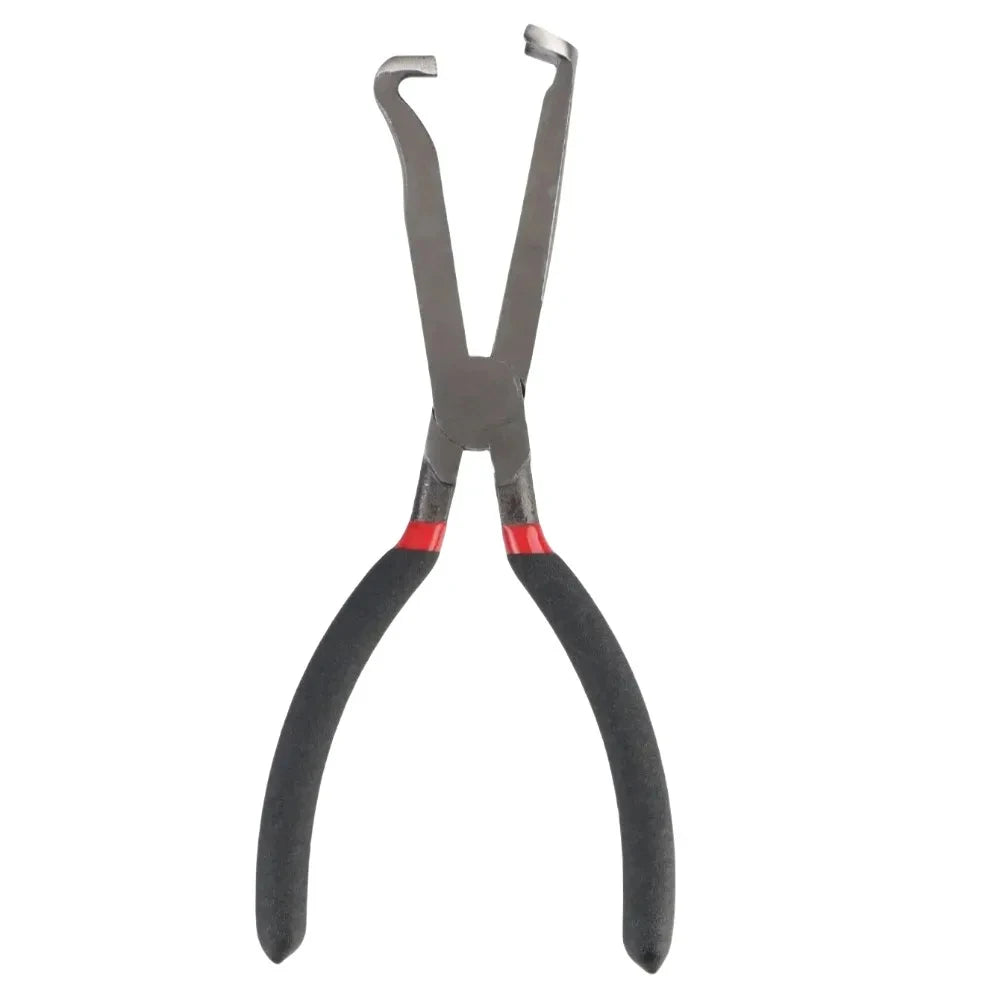 A pair of gray fuel line disconnect pliers with black handles.