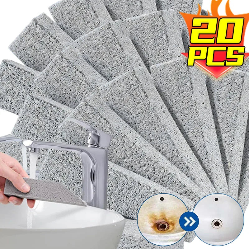 A pumice stone cleaning block is shown being used to clean a toilet bowl, with other blocks visible.
