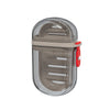 A clear plastic portable travel soap box with a drainage lid and a red handle.