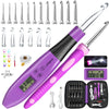 A purple LED crochet hook set with a digital stitch and row counter, showing various sizes and tools.