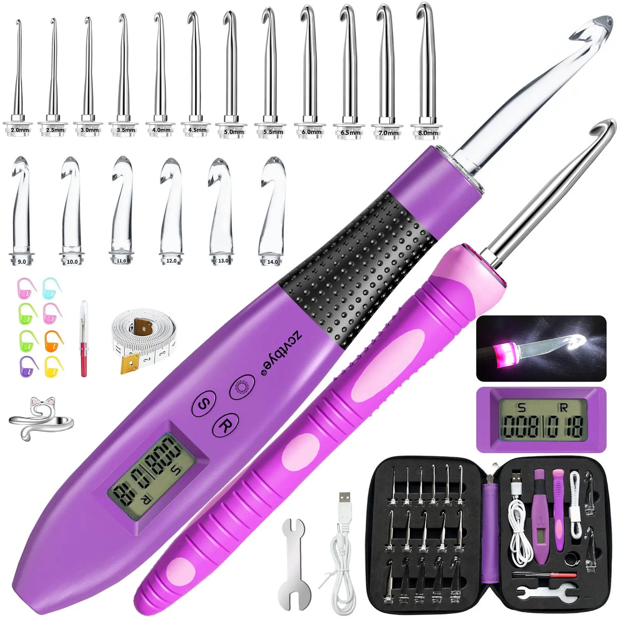 A purple LED crochet hook set with a digital stitch and row counter, showing various sizes and tools.