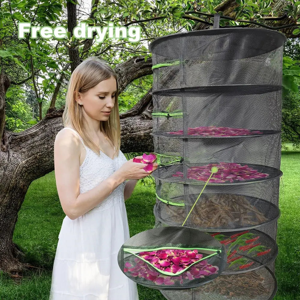 Multi-Layer Hanging Herb Drying Rack with Zippered Mesh Nets