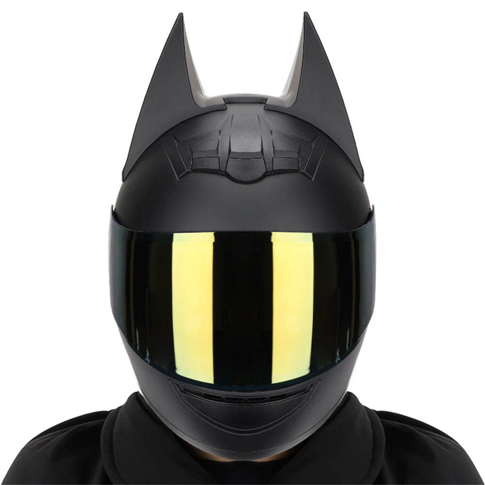 Black Bat ear full face motorcycle helmet with yellow visor