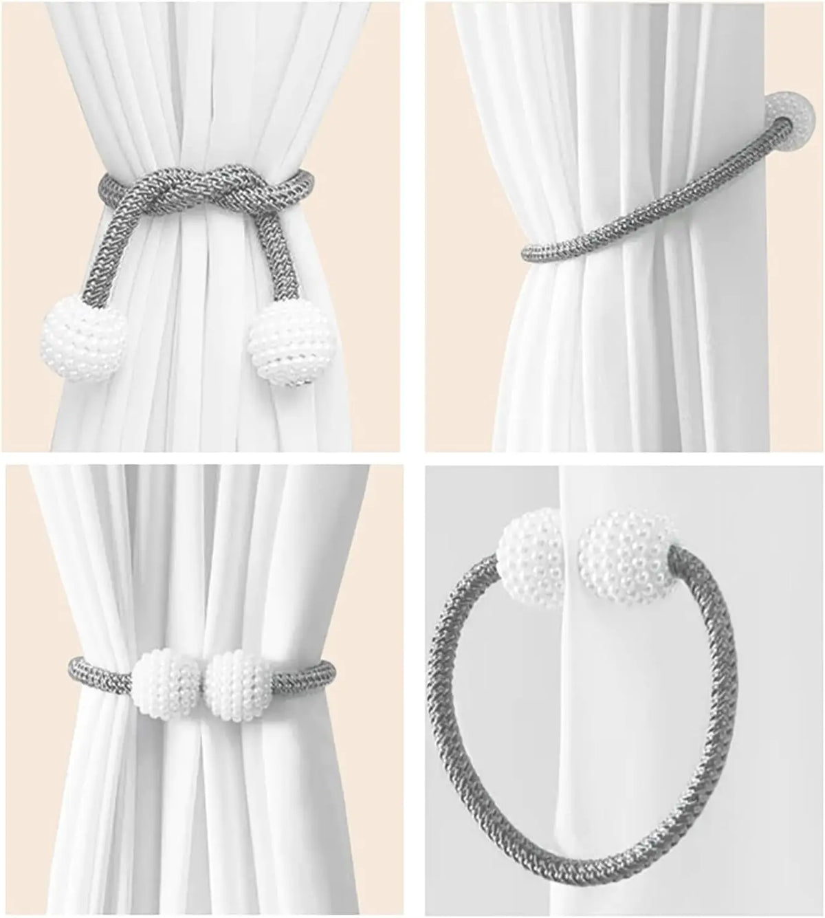 Silver pearl magnetic curtain tiebacks with a strong hold used to secure white fabric curtains.
