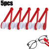 Five red and white microfiber tools for cleaning eyeglasses