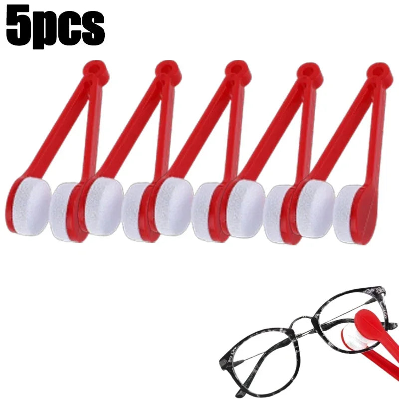 Five red and white microfiber tools for cleaning eyeglasses