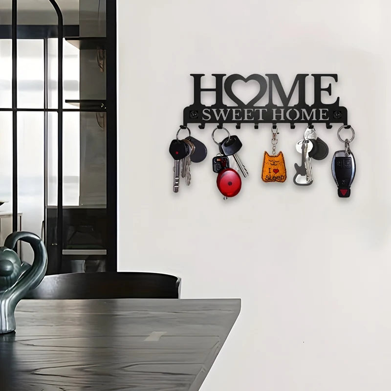 Black Metal Wall-Mounted Key Holder with 10 Hooks